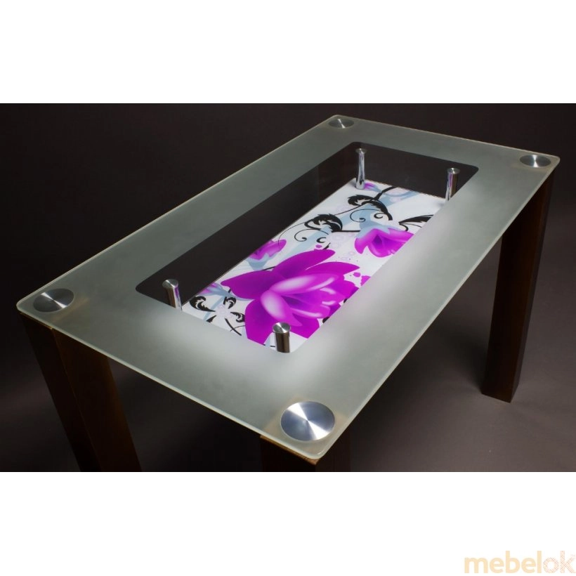 Стеклянный обеденный стол МФ-2 с рисунком лотоса на полочке