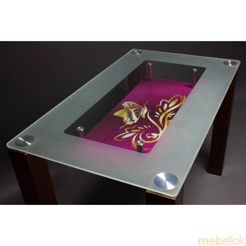 Стеклянный стол МФ-3 (розовый с рисунком бабочки)