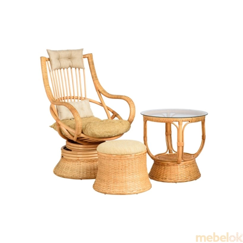 Комплект мебели Бока сет з натурального ротангу Крісло-гойдалка, пуф та кавовий столик коричневий kk00051