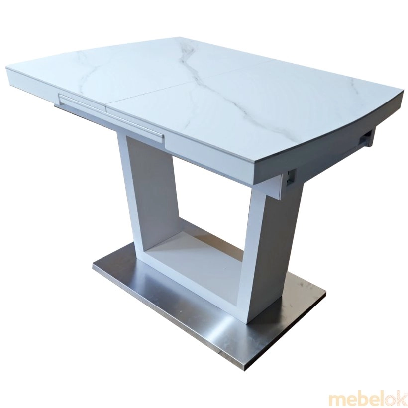стол с видом в обстановке (Стол обеденный раскладной керамика с МДФ белый  DT 8073 small)