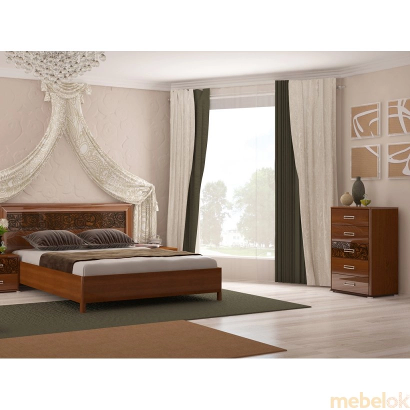 ліжко з виглядом в обстановці (Кровать 160х200 Флора вишня бюзум с профилем и подъемным механизмом с мягкой спинкой)