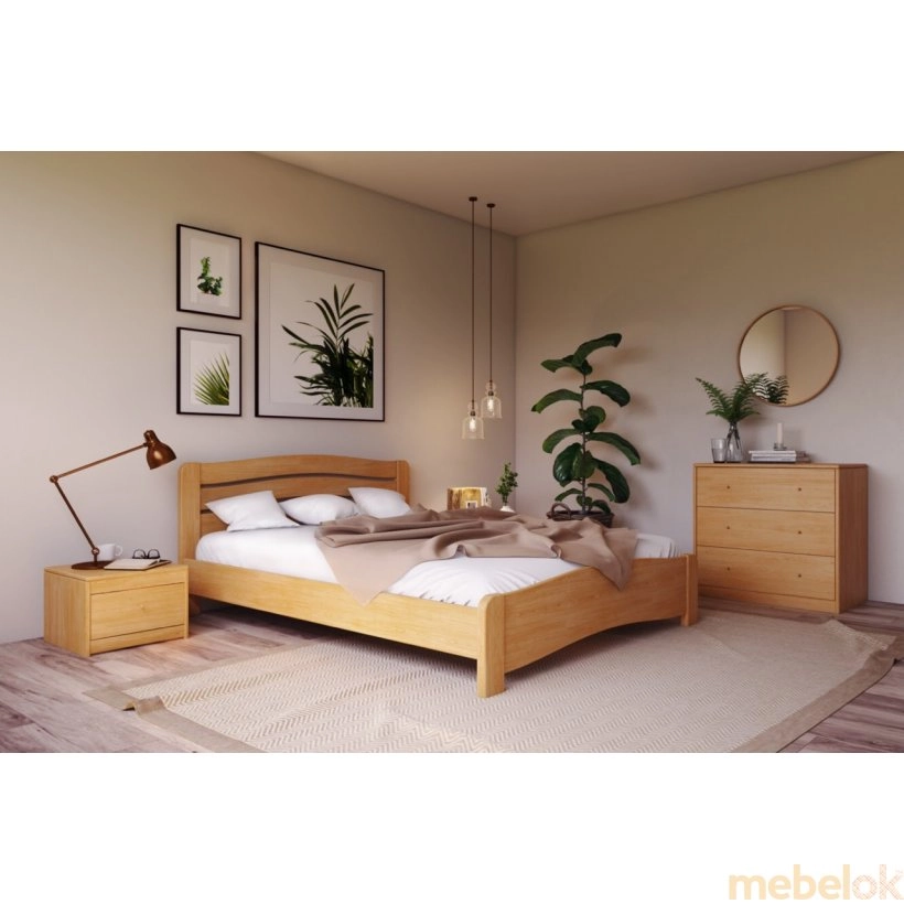 Спальня с деревянной кроватью, тумбой и комодом в минималистическом стиле