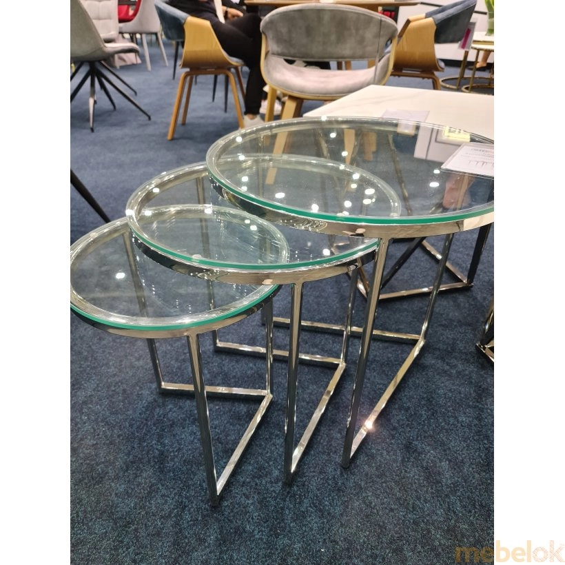 стіл з виглядом в обстановці (Комплект журнальних столиків TRINITY Прозорий/Срібний)