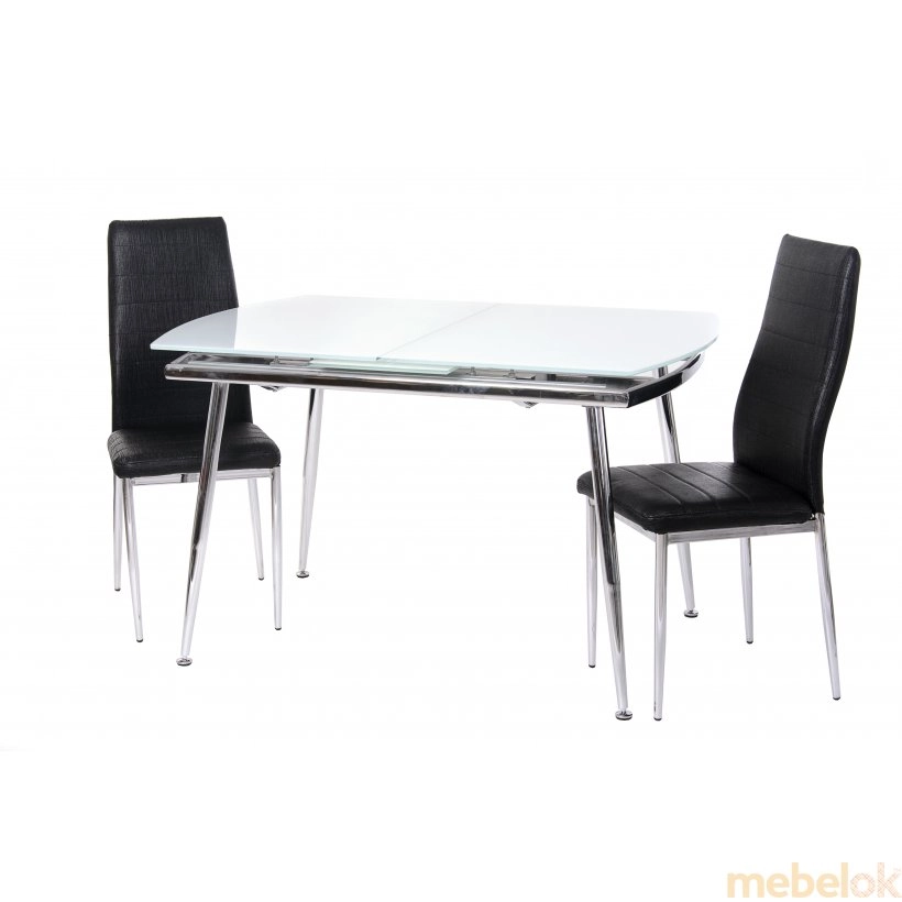 Комплект стіл T-272 сніжно-білий + 2 стільця N-66 блискуча чорна смужка