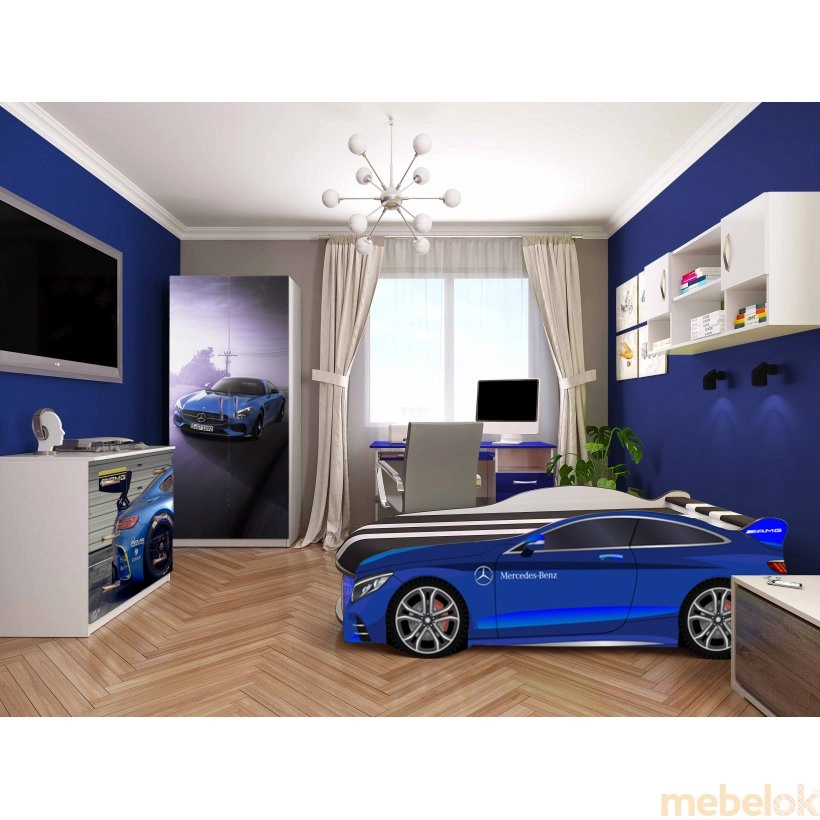 ліжко з виглядом в обстановці (Ліжко-машинка SPACE 06 80x180 Mercedes синій)