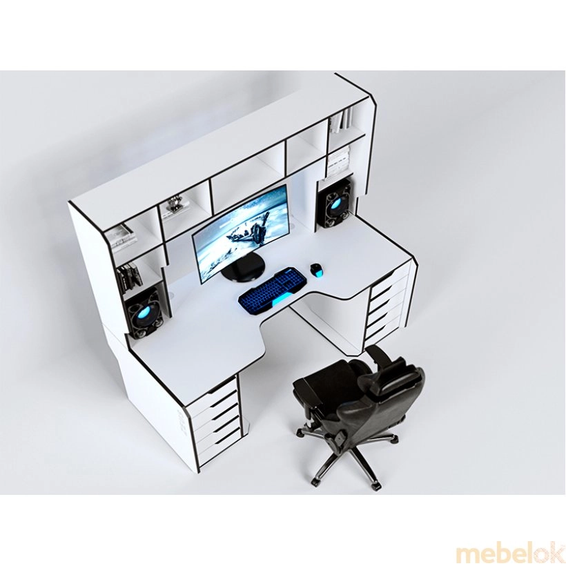 стол с видом в обстановке (Стол геймерский эргономичный Viking-3S 160х85, бело-черный)