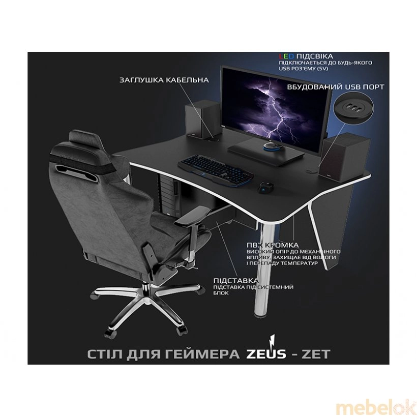 стол с видом в обстановке (Стол геймерский игровой ZET-3, черно-белый)