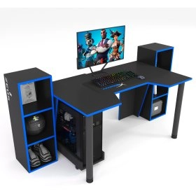 Геймерский игровой стол GAMER-5 с 2 стеллажами, черный-синий