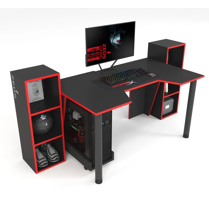 Геймерський ігровий стіл GAMER-5 з 2 стелажами, чорний-червоний