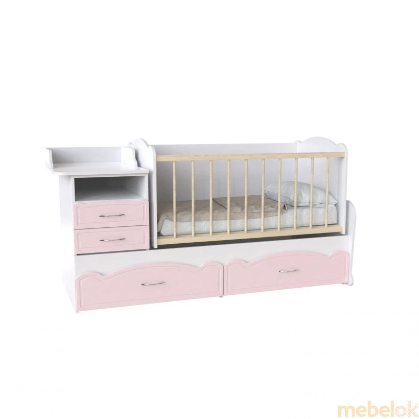 Кровать детская Binky ДС043 3в1 аляска и розовый, решетка б/п