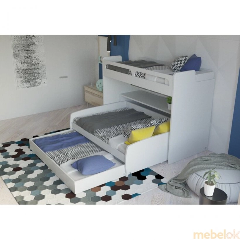 Двох'ярусне ліжко Gautreau з ящиками, столом і додатковим спальним місцем Білий