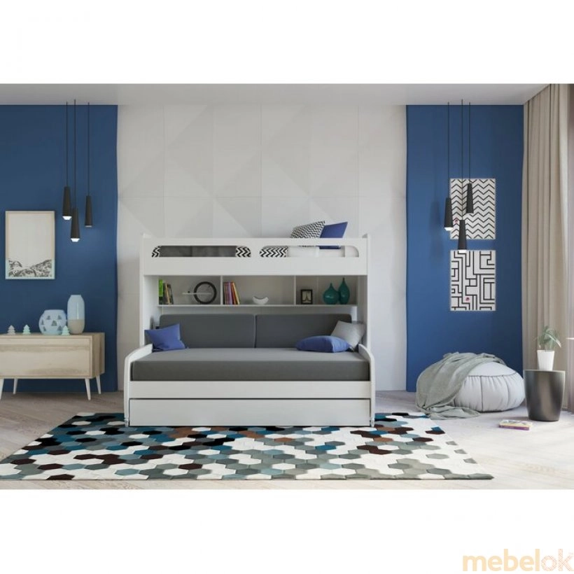 ліжко з виглядом в обстановці (Двох'ярусне ліжко Gautreau з ящиками, столом і додатковим спальним місцем Білий)