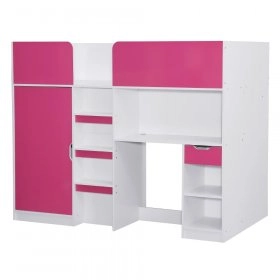 Двухъярусная кровать Merlin с ящиками, шкафом и столом Белый/Фуксия розовая
