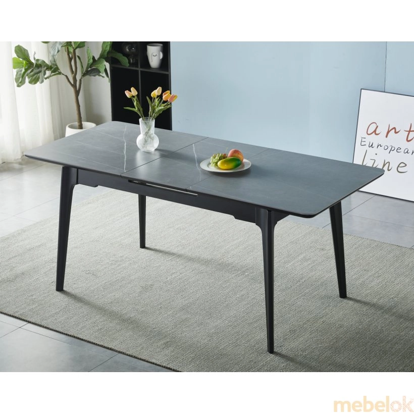 стіл з виглядом в обстановці (Стіл BERLIN CERAMIC 140(180)x80 сірий мат/чорний каркас)