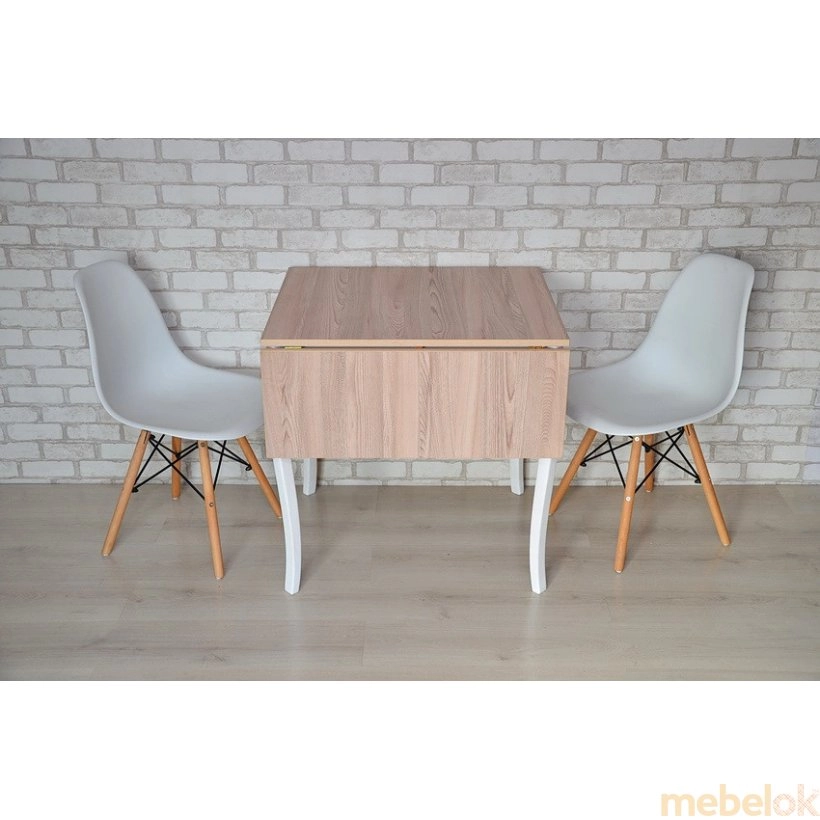 комплект стіл + стілець з виглядом в обстановці (Комплект Фолді стіл розкладний на фігурних ніжках та 3 стільці Білий/Ясен)