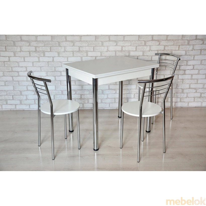 комплект стіл + стілець з виглядом в обстановці (Комплект Ретта стіл розкладний і 3 стільці Хром / Білий)