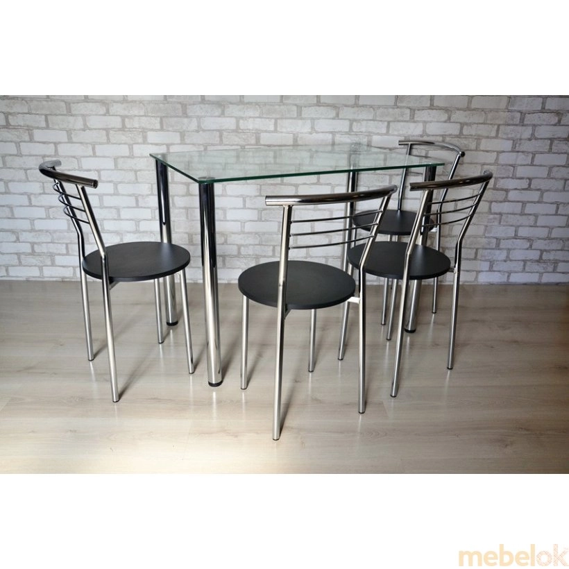 Комплект Гло стол и 4 стула Хром/Черный с другого ракурса