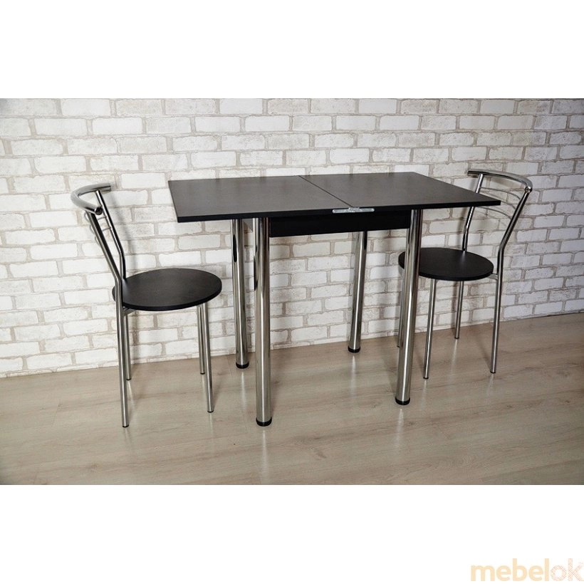 комплект стіл + стілець з виглядом в обстановці (Комплект Компакт стіл розкладний і 2 стільці Хром / чорний)