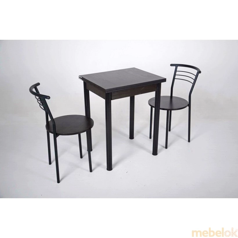 комплект стіл + стілець з виглядом в обстановці (Комплект Компакт Стіл розкладний та 2 Стілецьа чорний/Венге)