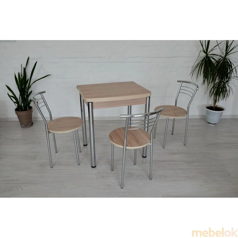комплект стіл + стілець з виглядом в обстановці (Комплект овалі стіл розкладний і 3 стільці Хром / ясен)