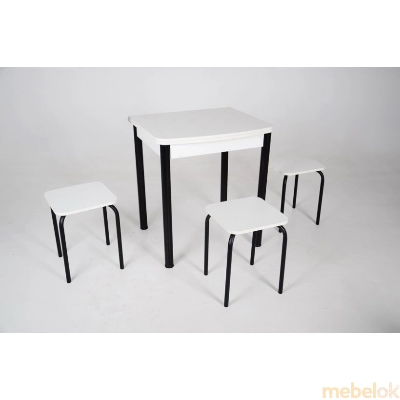 комплект Стол + Стулья с видом в обстановке (Комплект Овале стол раскладной и 3 табурета Черный/Белый)