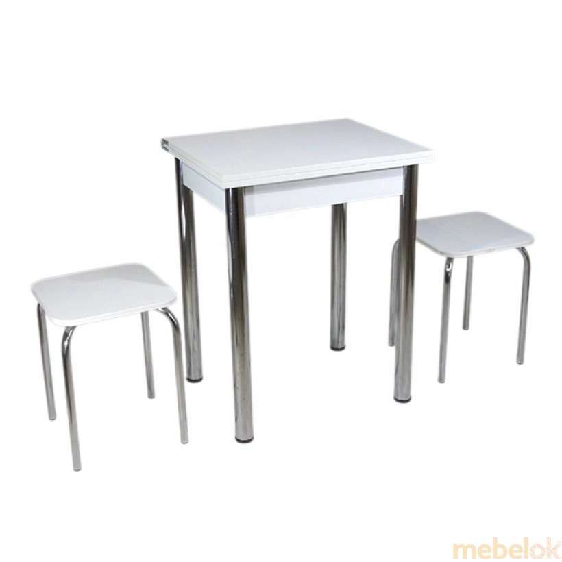 Комплект Компакт стол раскладной и 2 табурета Хром/Белый