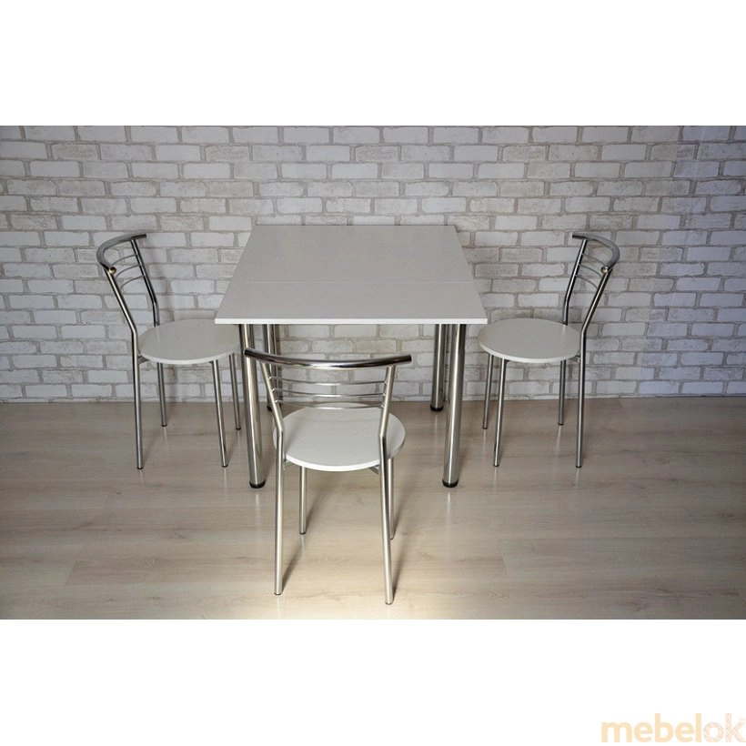 комплект стіл + стілець з виглядом в обстановці (Комплект Фолді стіл розкладний на металевих ніжках і 3 стільці Хром / Білий)