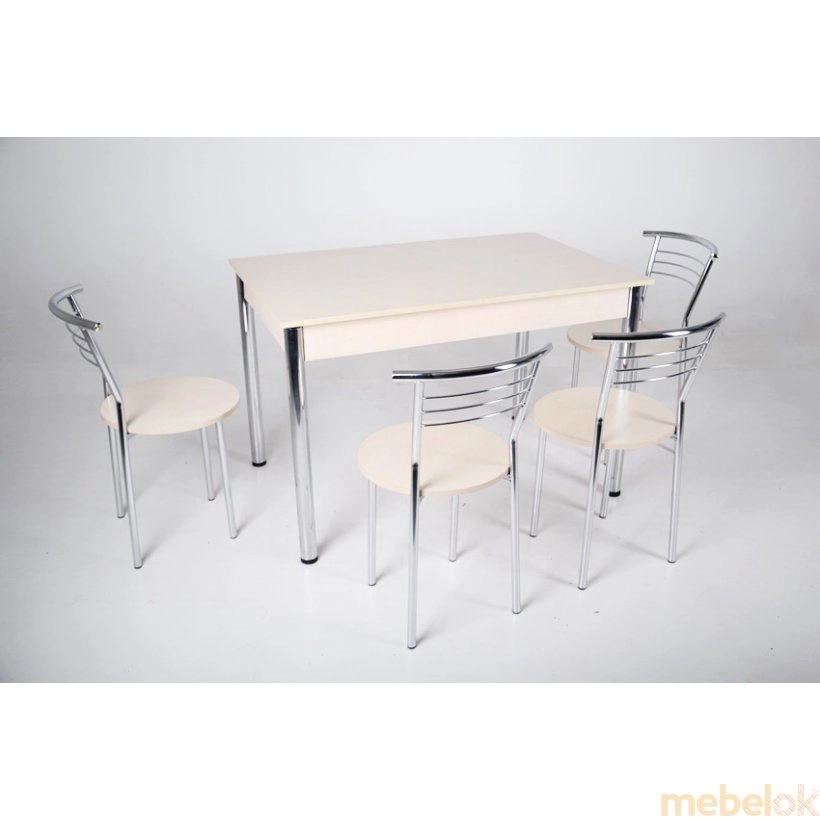 комплект стіл + стілець з виглядом в обстановці (Комплект Скор стіл розкладний і 4 стільці Хром / молочний)