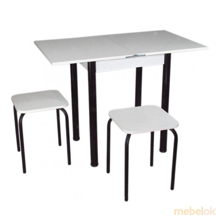 комплект стіл + стілець з виглядом в обстановці (Комплект Компакт Стіл розкладний та 2 табурета чорний/білий)