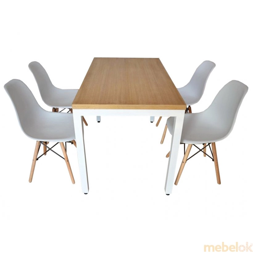 Комплект Фурнер стіл на металевих ніжках зі шпонированной стільницею і 3 стільці Білий / Дуб