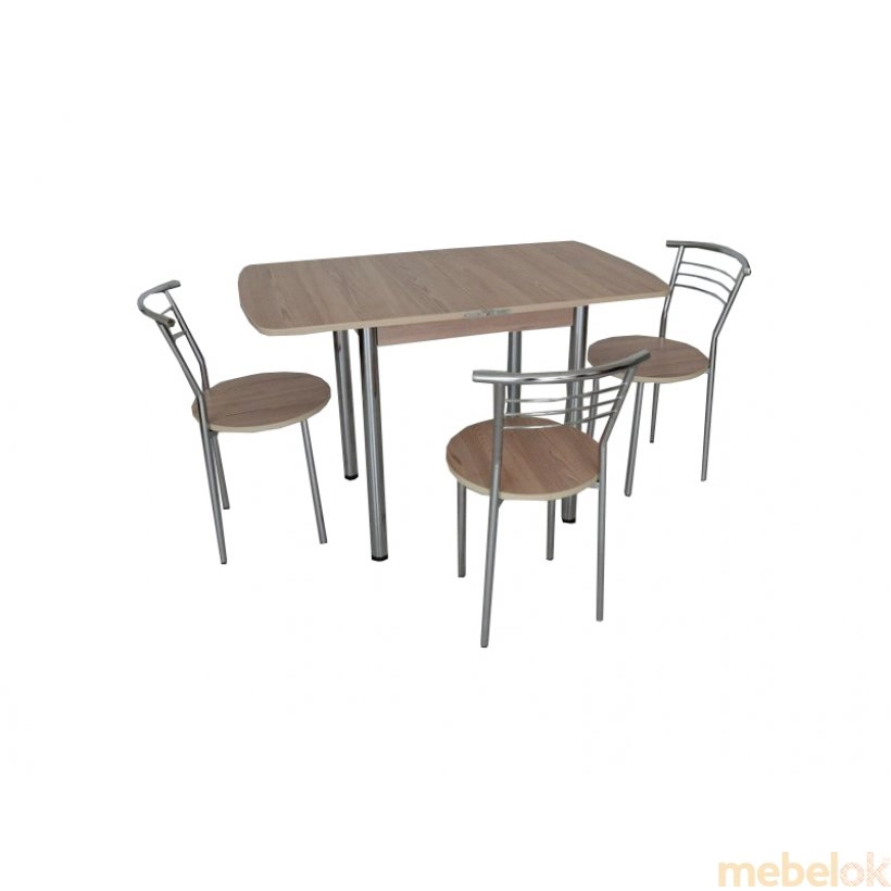 Комплект овалі стіл розкладний і 3 стільці Хром / ясен