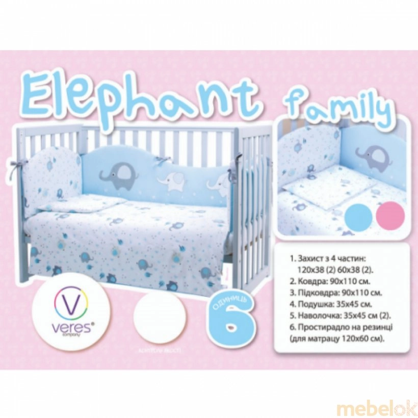 гарнітур постільної білизни з виглядом в обстановці (Комплект постільної білизни Elephant family blue 6 одиниць)