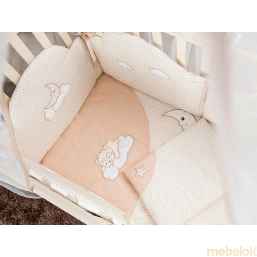набор текстиля для детской кроватки, коляски с видом в обстановке (Защитный бампер в детскую кроватку Sleepyhead beige 4 единицы)