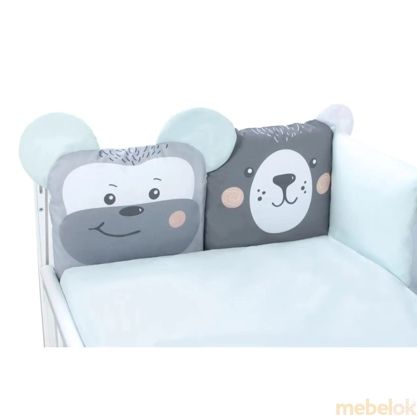 набор текстиля для детской кроватки, коляски с видом в обстановке (Комплект постельного белья Zoo mint 6 единиц)