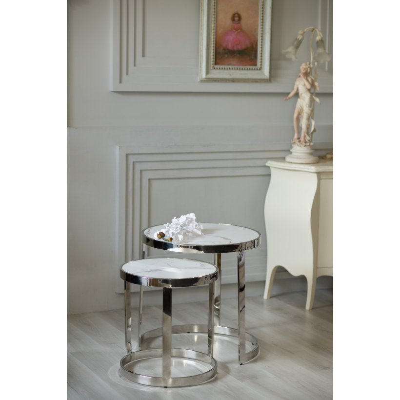 Комплект журнальних столів CI-1 білий мармур + срібло від фабрики Vetro Mebel (Ветро мебель)